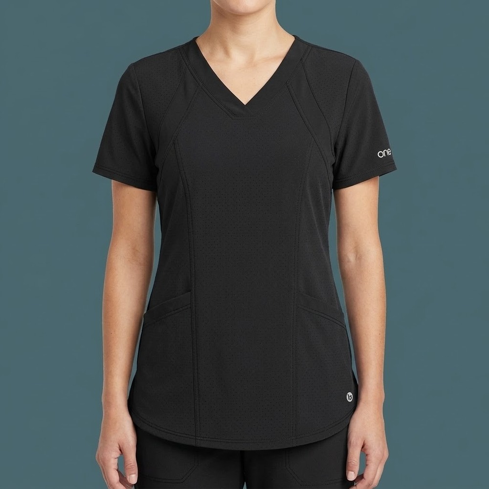 Barco One 4-Pocket Perforated V-Neck Scrub Top Womens XS Black EUC